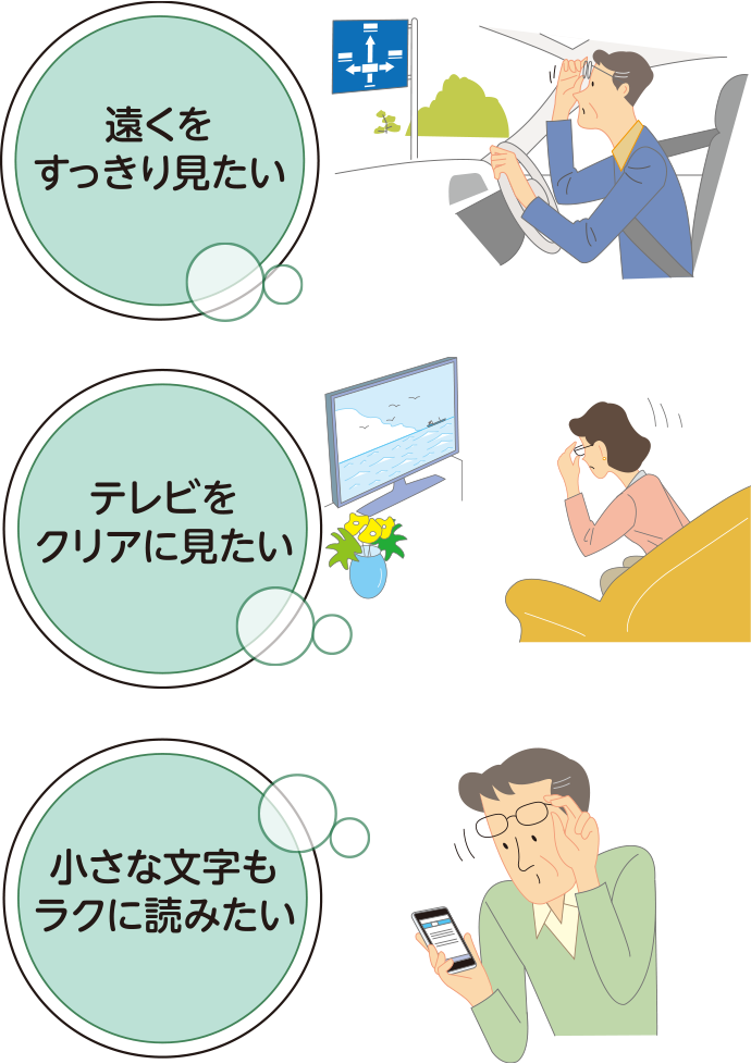 遠くをすっきりみたい、テレビをクリアに見たい、小さな文字もラクに読みたい