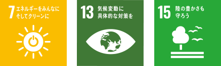 7 エネルギーをみんなに そしてクリーンに 13 気候変動に具体的な対策を 15 陸の豊かさも守ろう