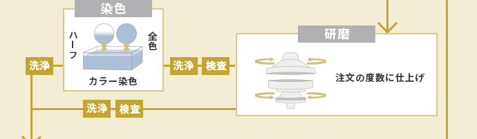 染色 研磨 洗浄 検査 注文の度数に仕上げ