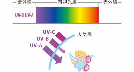 紫外線 UV-B UV-A 可視光線（380nmから780nm） 赤外線 大気圏